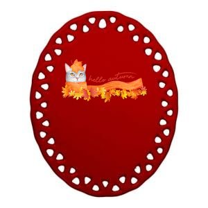 Hello Autumn Cute Cat Ceramic Oval Ornament