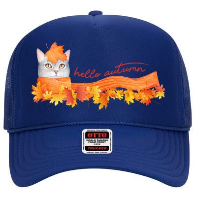 Hello Autumn Cute Cat High Crown Mesh Back Trucker Hat