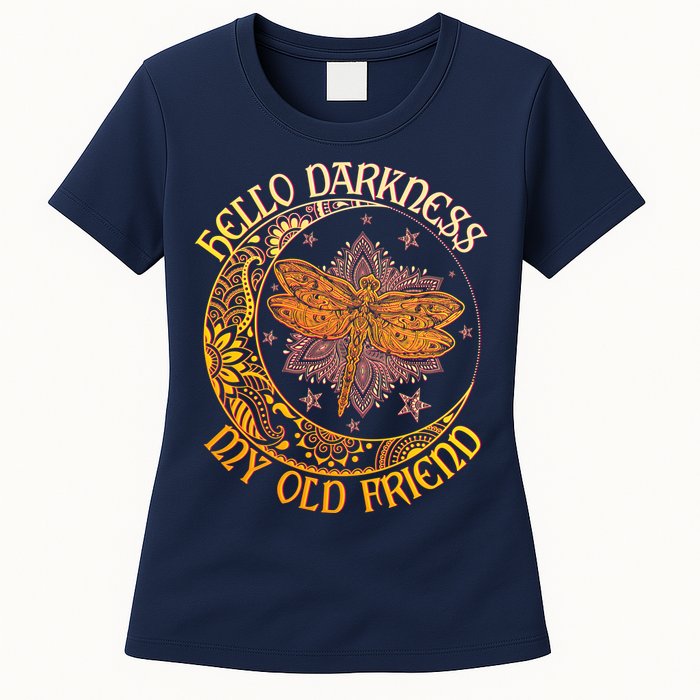 Hello Darkness My Old Friend Dragonfly Moon Womens T-Shirt
