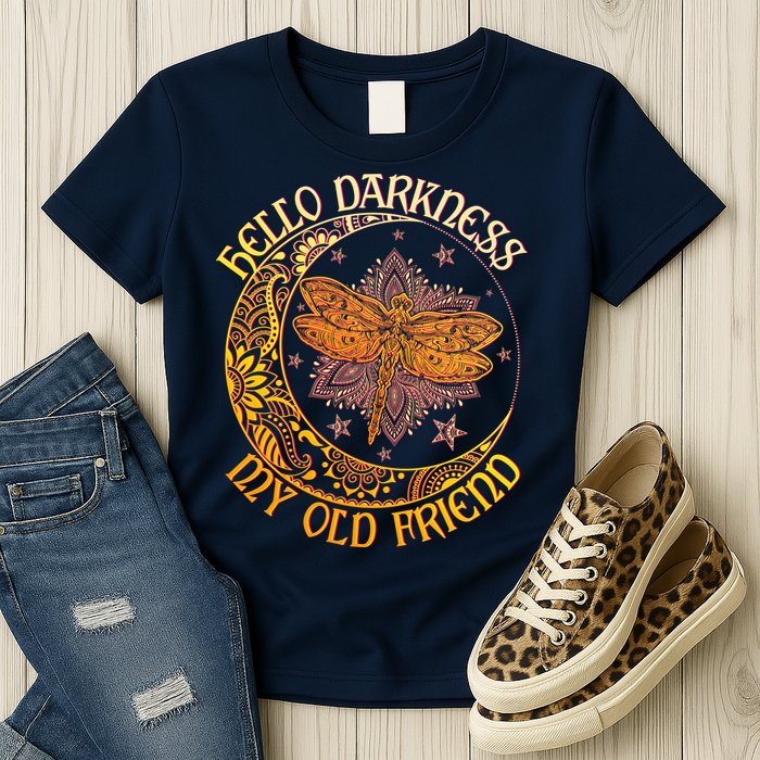 Hello Darkness My Old Friend Dragonfly Moon Womens T-Shirt