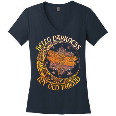 Hello Darkness My Old Friend Dragonfly Moon Women's V-Neck T-Shirt