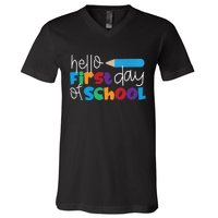 Hello First Day of School Cute Pencil V-Neck T-Shirt