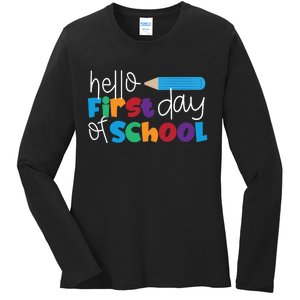 Hello First Day of School Cute Pencil Ladies Long Sleeve Shirt