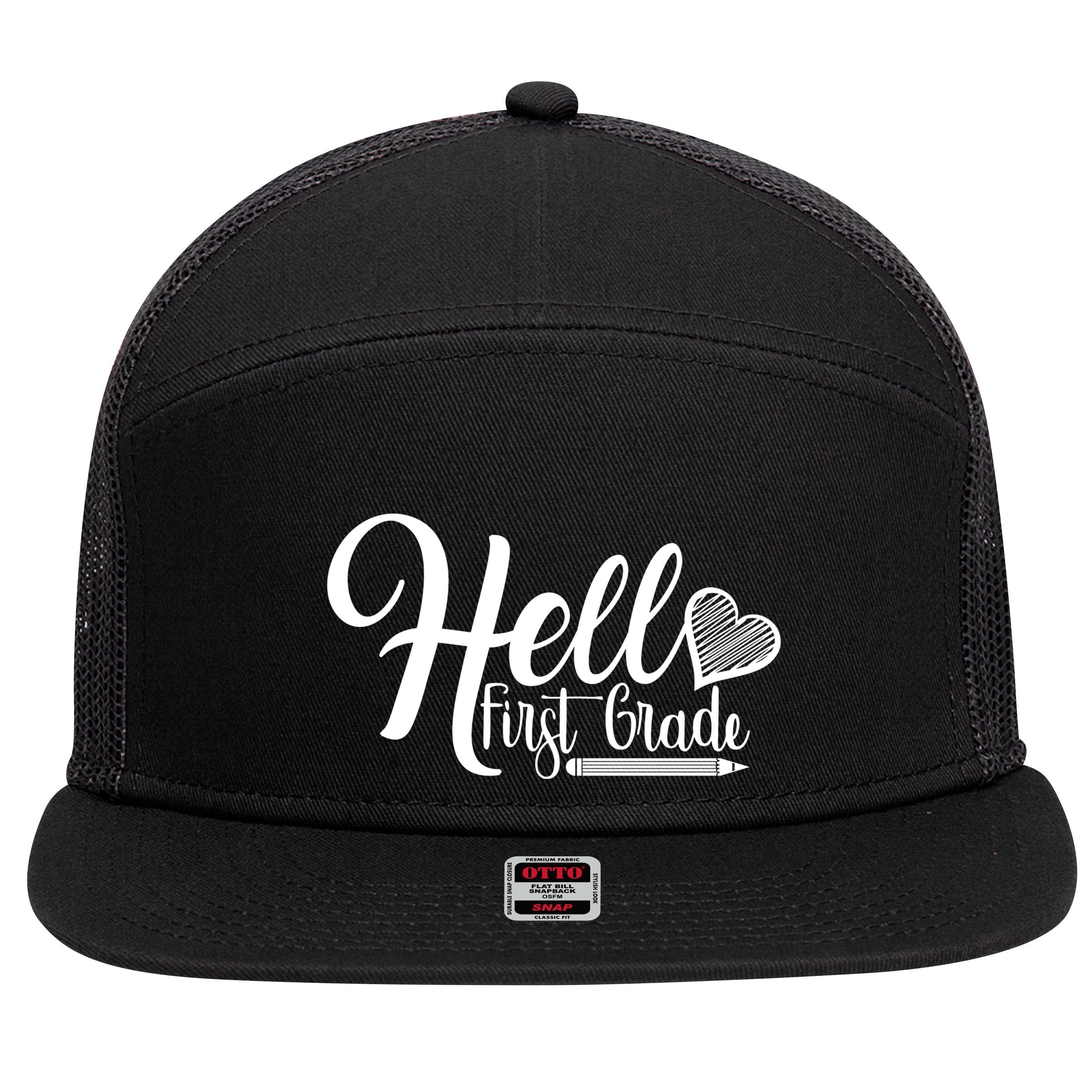 Hello First Grade Pencil Heart 7 Panel Mesh Trucker Snapback Hat
