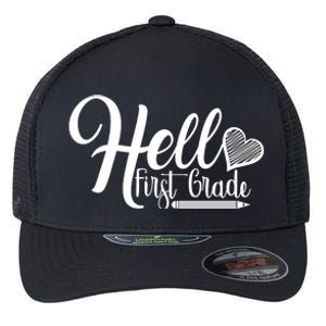 Hello First Grade Pencil Heart Flexfit Unipanel Trucker Cap