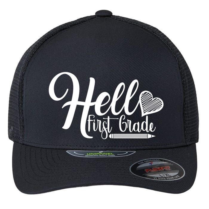 Hello First Grade Pencil Heart Flexfit Unipanel Trucker Cap