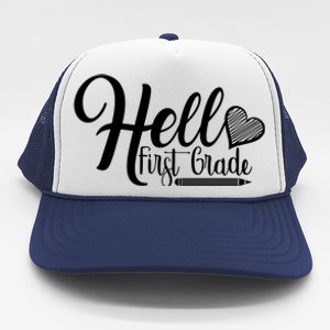 Hello First Grade Pencil Heart Trucker Hat