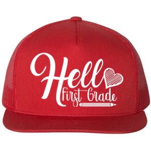 Hello First Grade Pencil Heart Flat Bill Trucker Hat