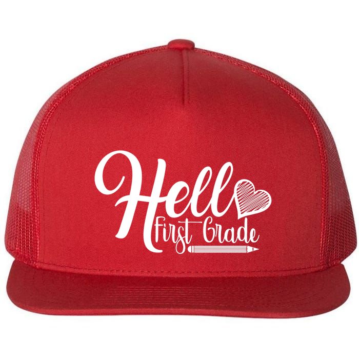 Hello First Grade Pencil Heart Flat Bill Trucker Hat