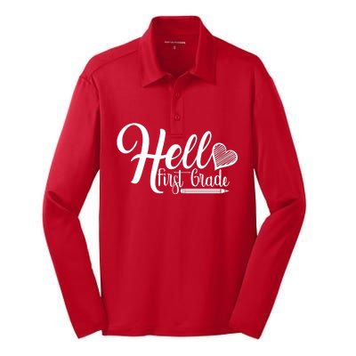 Hello First Grade Pencil Heart Silk Touch Performance Long Sleeve Polo