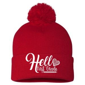 Hello First Grade Pencil Heart Pom Pom 12in Knit Beanie