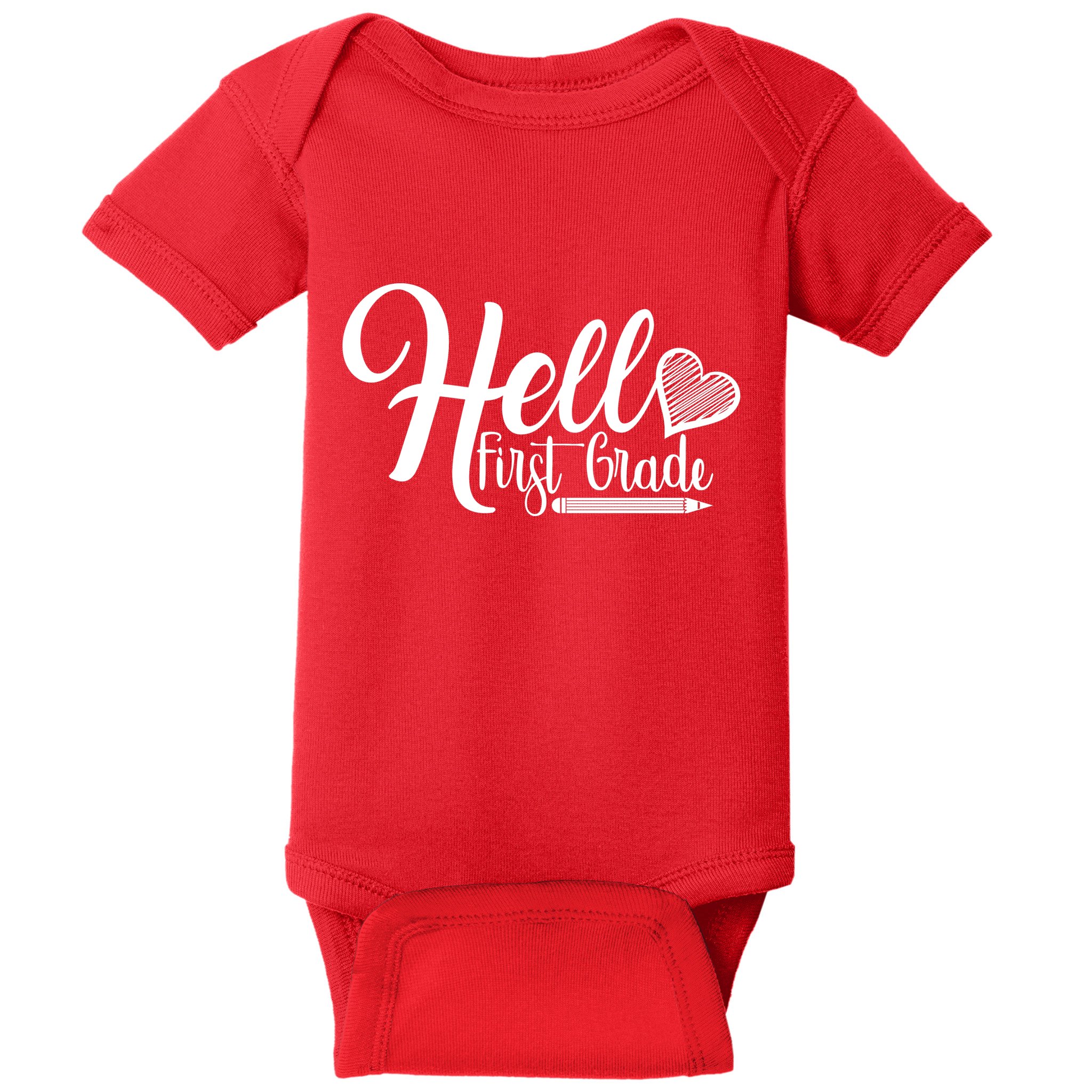 Hello First Grade Pencil Heart Baby Bodysuit