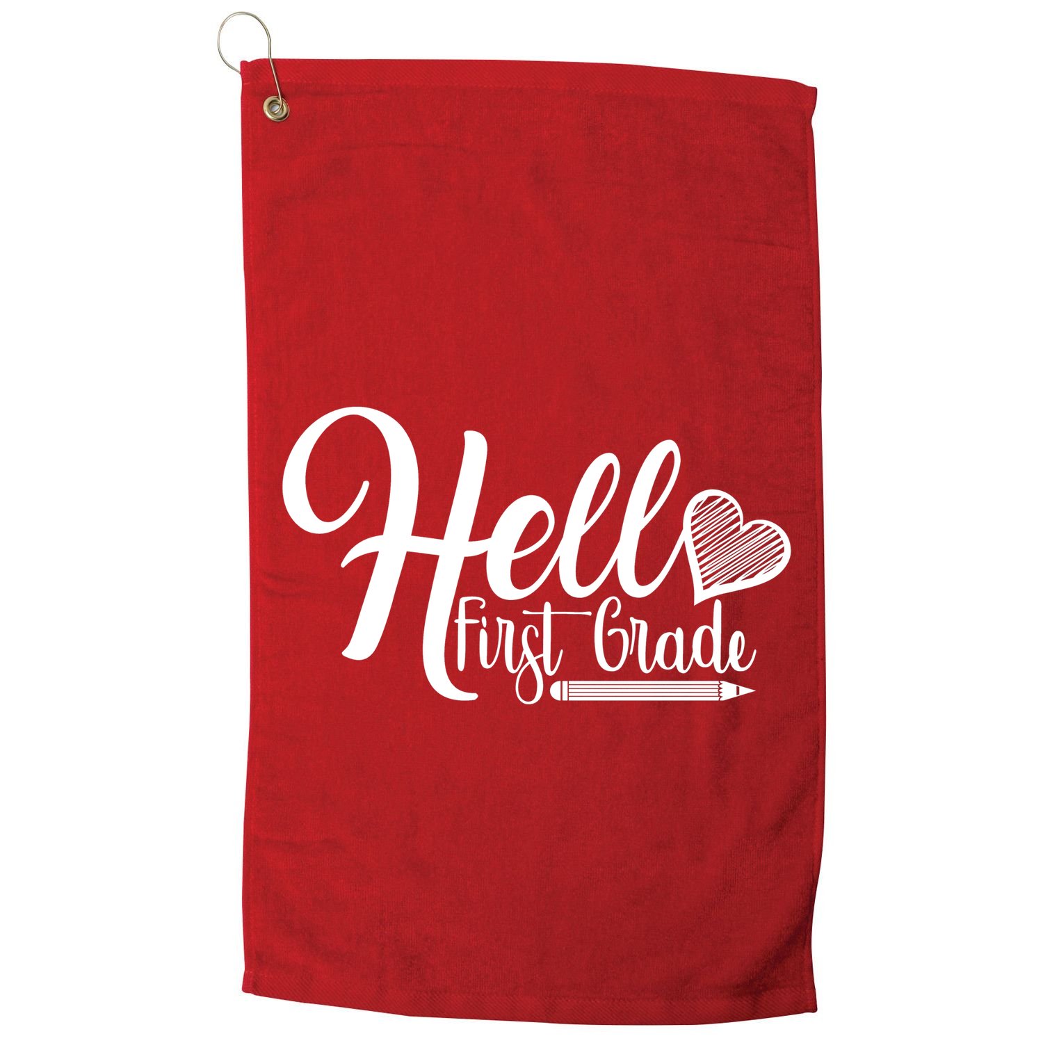 Hello First Grade Pencil Heart Golf Towel