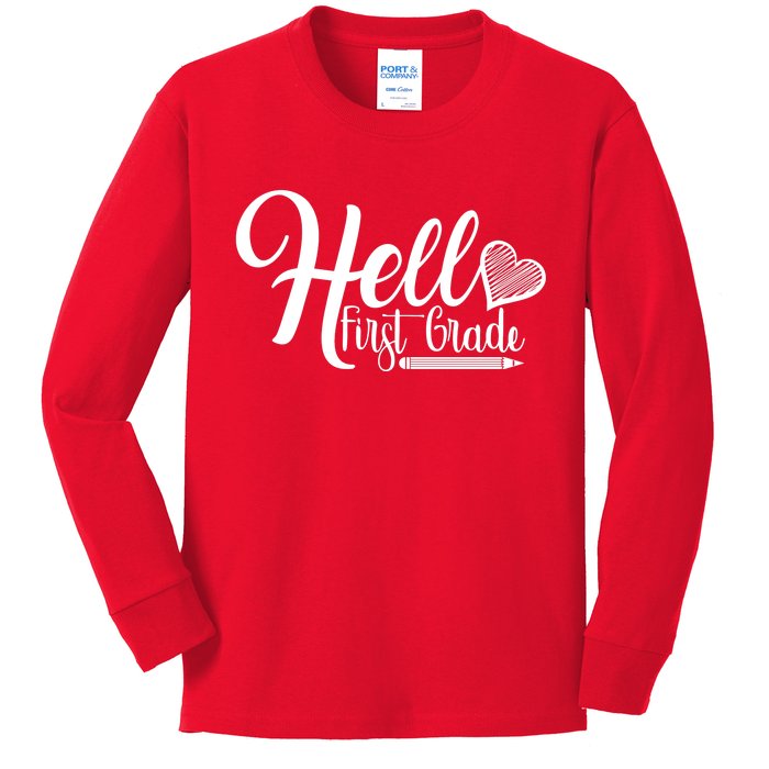 Hello First Grade Pencil Heart Kids Long Sleeve Shirt