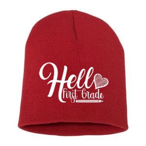 Hello First Grade Pencil Heart Short Acrylic Beanie