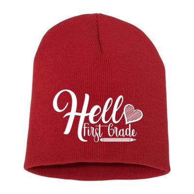 Hello First Grade Pencil Heart Short Acrylic Beanie