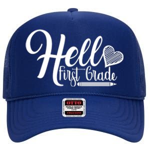 Hello First Grade Pencil Heart High Crown Mesh Back Trucker Hat