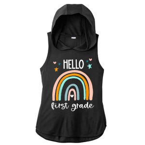 Hello First Grade Retro Rainbow Ladies PosiCharge Tri-Blend Wicking Draft Hoodie Tank