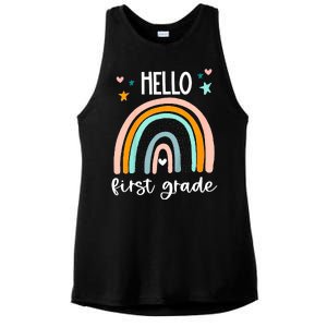 Hello First Grade Retro Rainbow Ladies PosiCharge Tri-Blend Wicking Tank