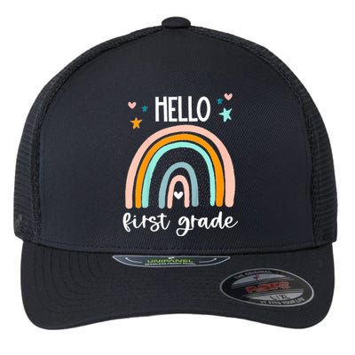 Hello First Grade Retro Rainbow Flexfit Unipanel Trucker Cap