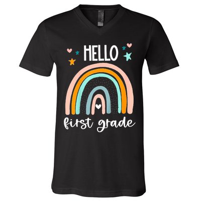 Hello First Grade Retro Rainbow V-Neck T-Shirt