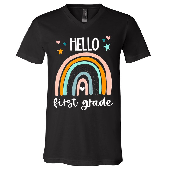 Hello First Grade Retro Rainbow V-Neck T-Shirt