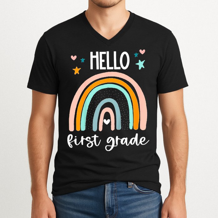 Hello First Grade Retro Rainbow V-Neck T-Shirt