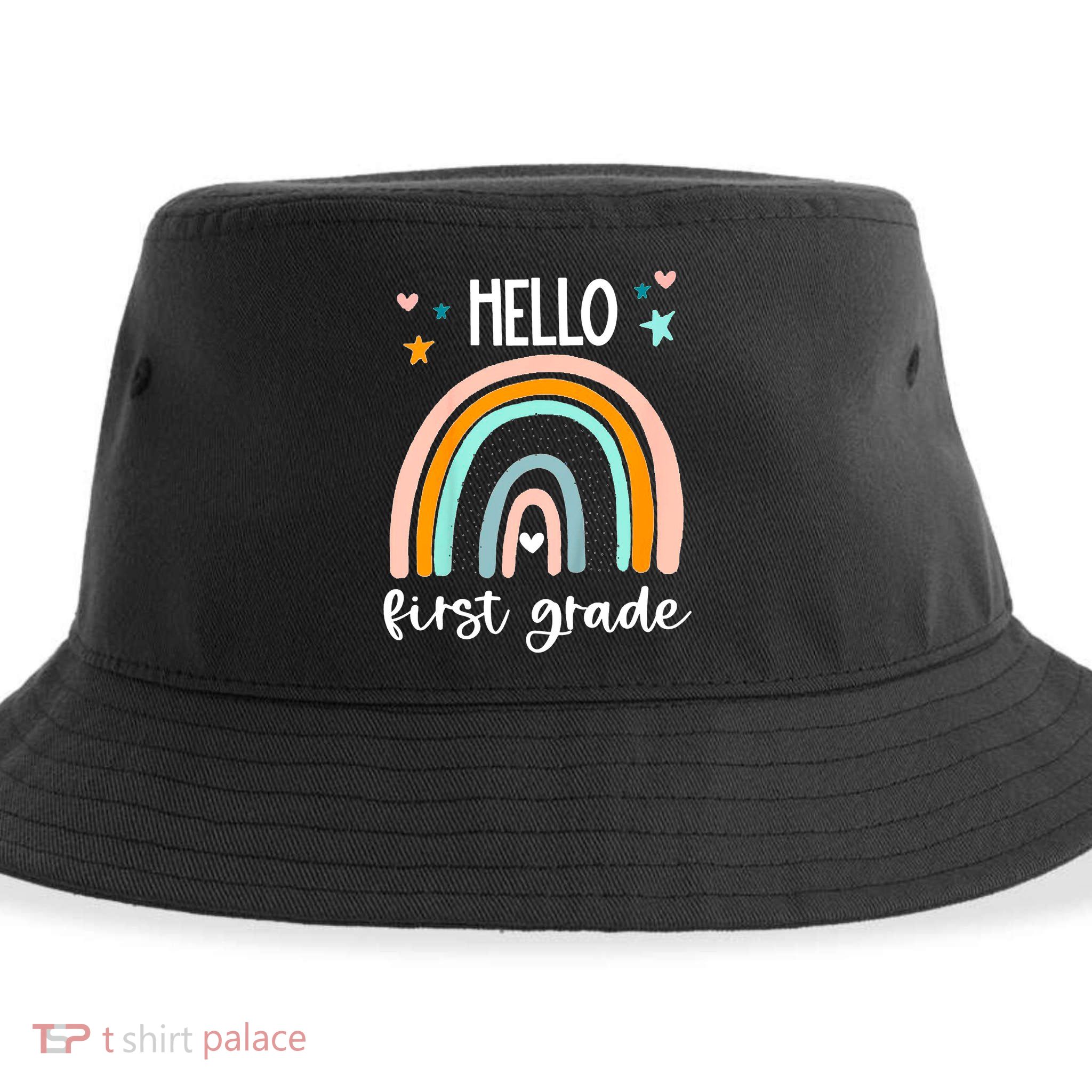 Hello First Grade Retro Rainbow Sustainable Bucket Hat