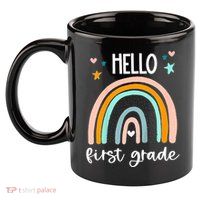 Hello First Grade Retro Rainbow 11oz C Handle Ceramic Mug