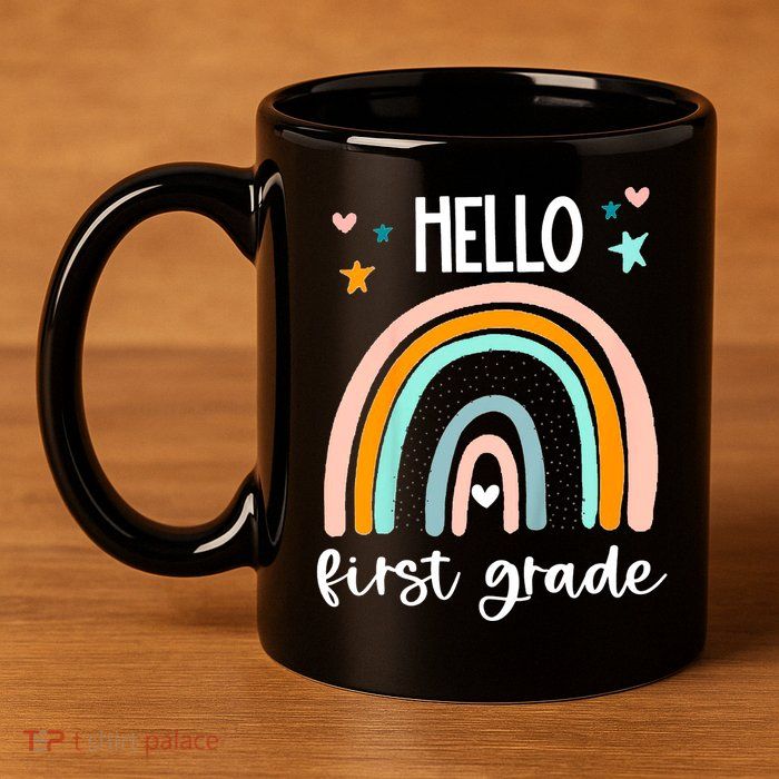 Hello First Grade Retro Rainbow 11oz C Handle Ceramic Mug