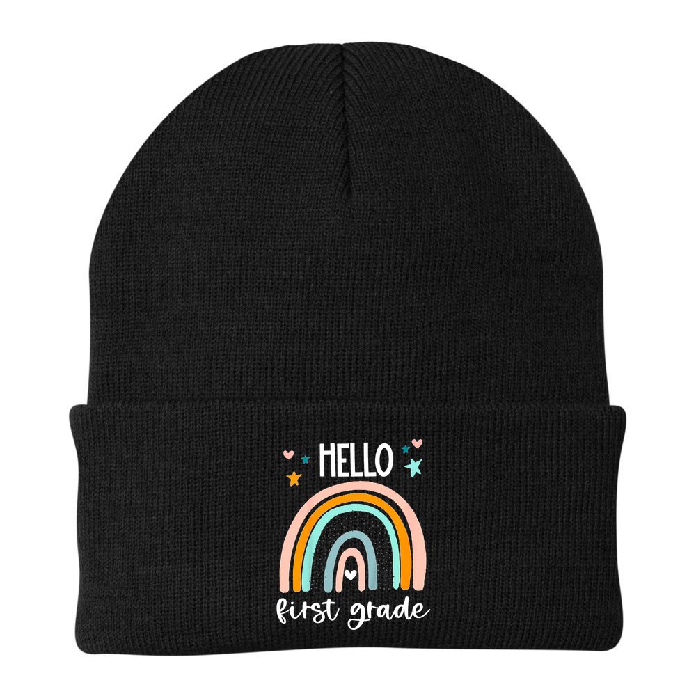 Hello First Grade Retro Rainbow Beanie