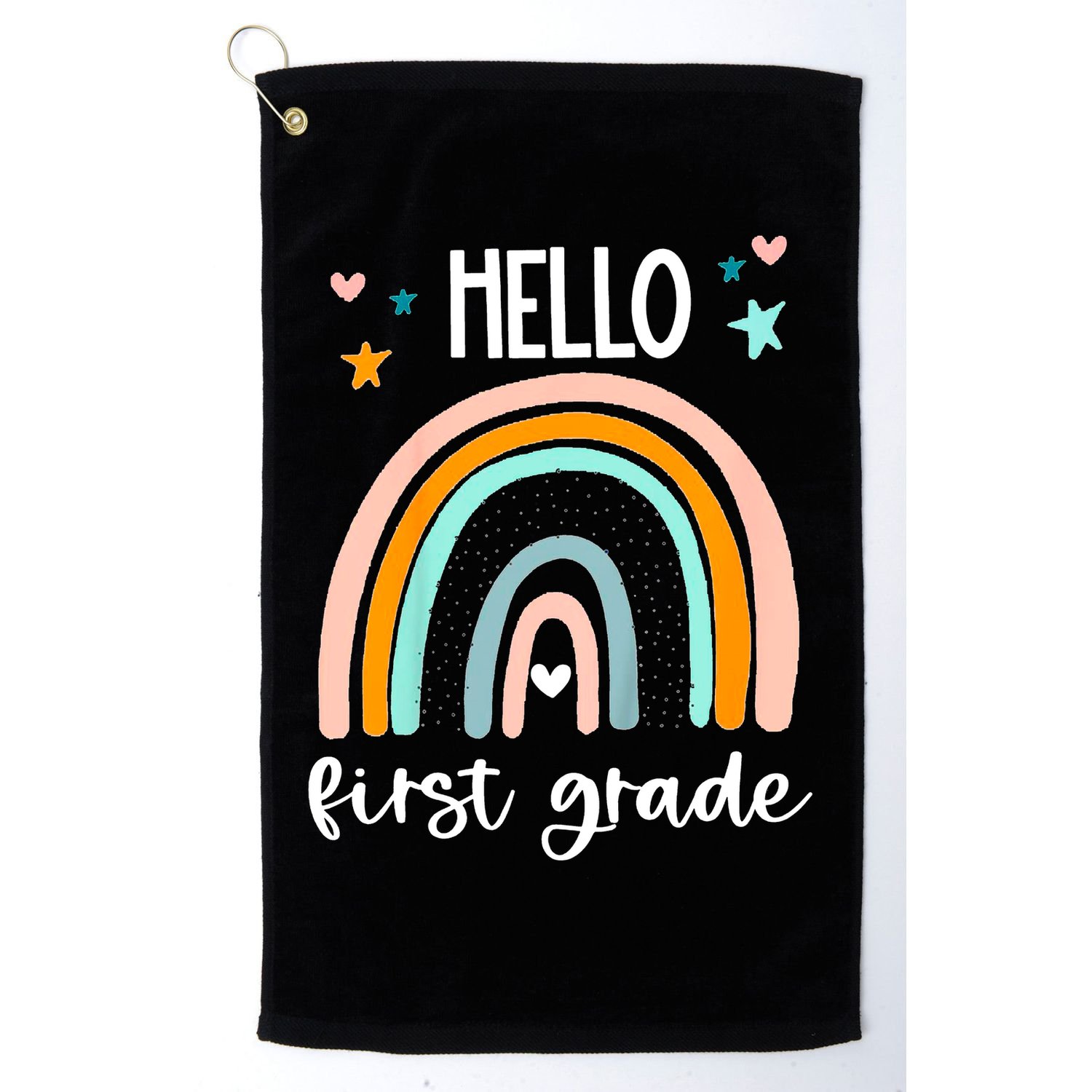 Hello First Grade Retro Rainbow Golf Towel