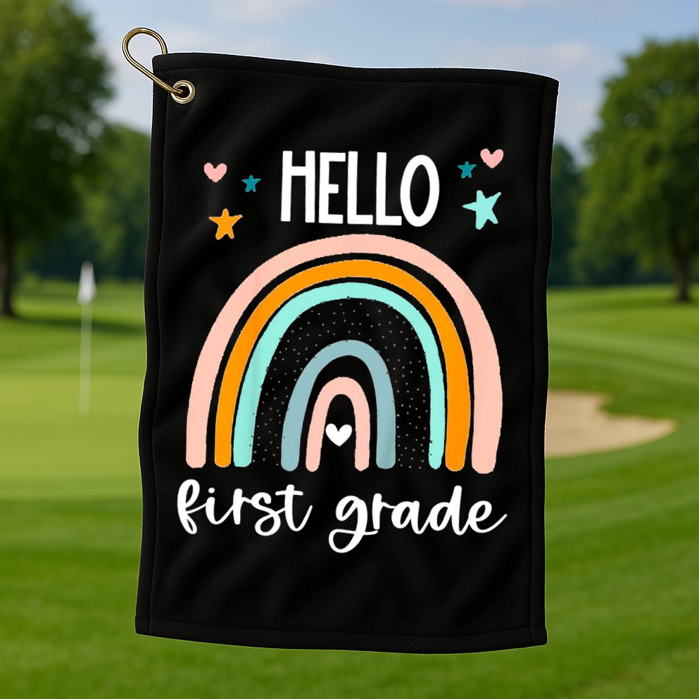 Hello First Grade Retro Rainbow Golf Towel