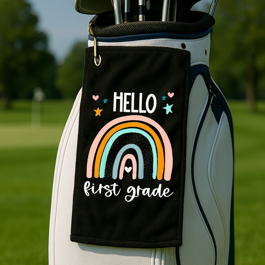 Hello First Grade Retro Rainbow Golf Towel