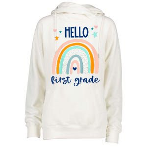 Hello First Grade Retro Rainbow Womens Funnel Neck Pullover Hood