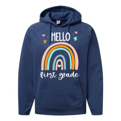 Hello First Grade Retro Rainbow Performance Fleece Hoodie