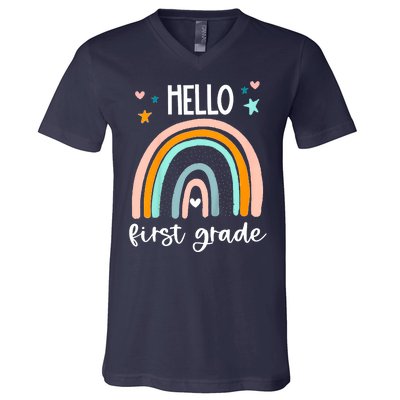 Hello First Grade Retro Rainbow V-Neck T-Shirt