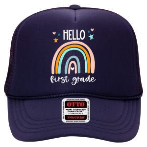 Hello First Grade Retro Rainbow High Crown Mesh Back Trucker Hat