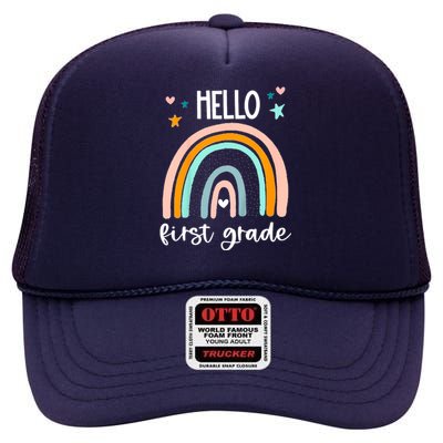 Hello First Grade Retro Rainbow High Crown Mesh Back Trucker Hat