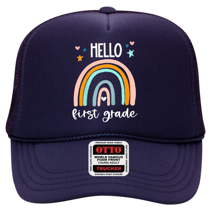 Hello First Grade Retro Rainbow High Crown Mesh Back Trucker Hat