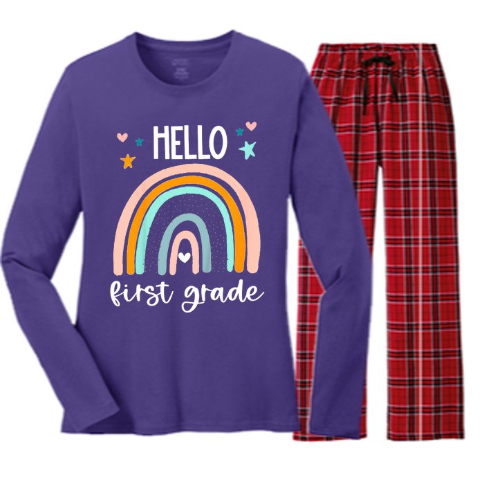 Hello First Grade Retro Rainbow Women's Long Sleeve Flannel Pajama Set 