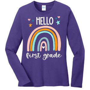 Hello First Grade Retro Rainbow Ladies Long Sleeve Shirt