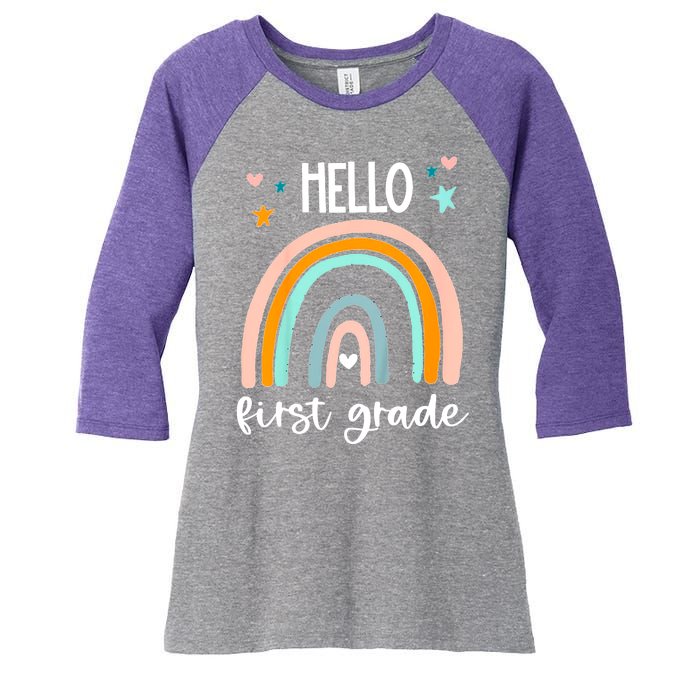 Hello First Grade Retro Rainbow Women's Tri-Blend 3/4-Sleeve Raglan Shirt