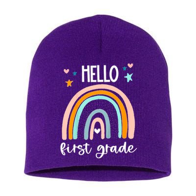 Hello First Grade Retro Rainbow Short Acrylic Beanie