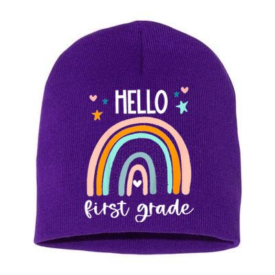 Hello First Grade Retro Rainbow Short Acrylic Beanie