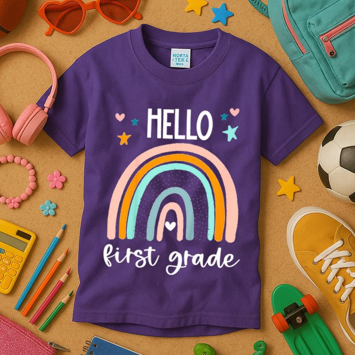 Hello First Grade Retro Rainbow Kids T-Shirt