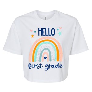 Hello First Grade Retro Rainbow Bella+Canvas Jersey Crop Tee