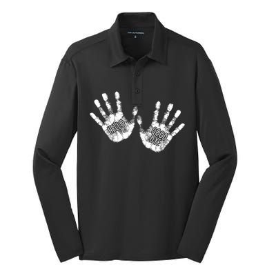 Hello Good Bye Paint Hand Prints Silk Touch Performance Long Sleeve Polo