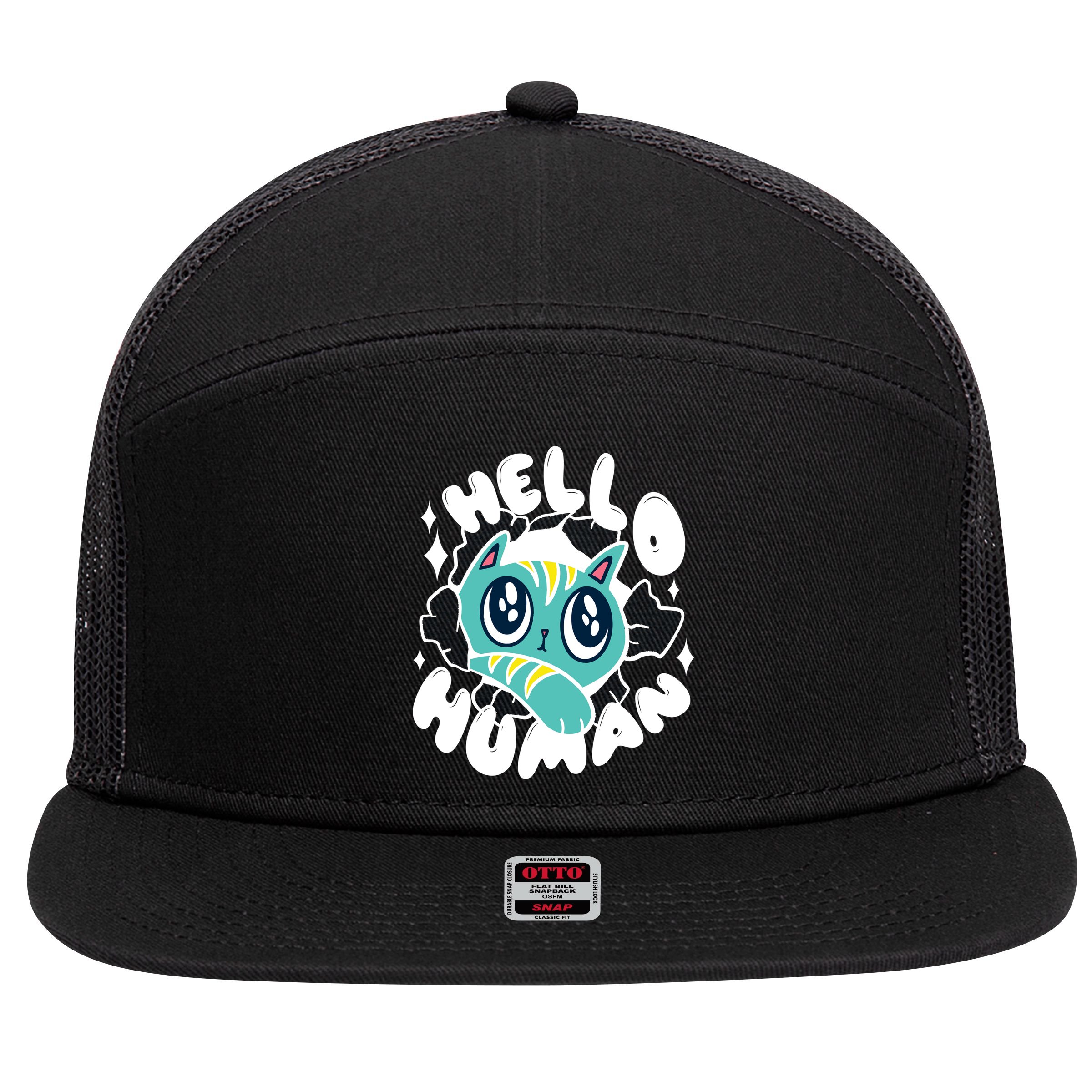Hello Human Cat 7 Panel Mesh Trucker Snapback Hat