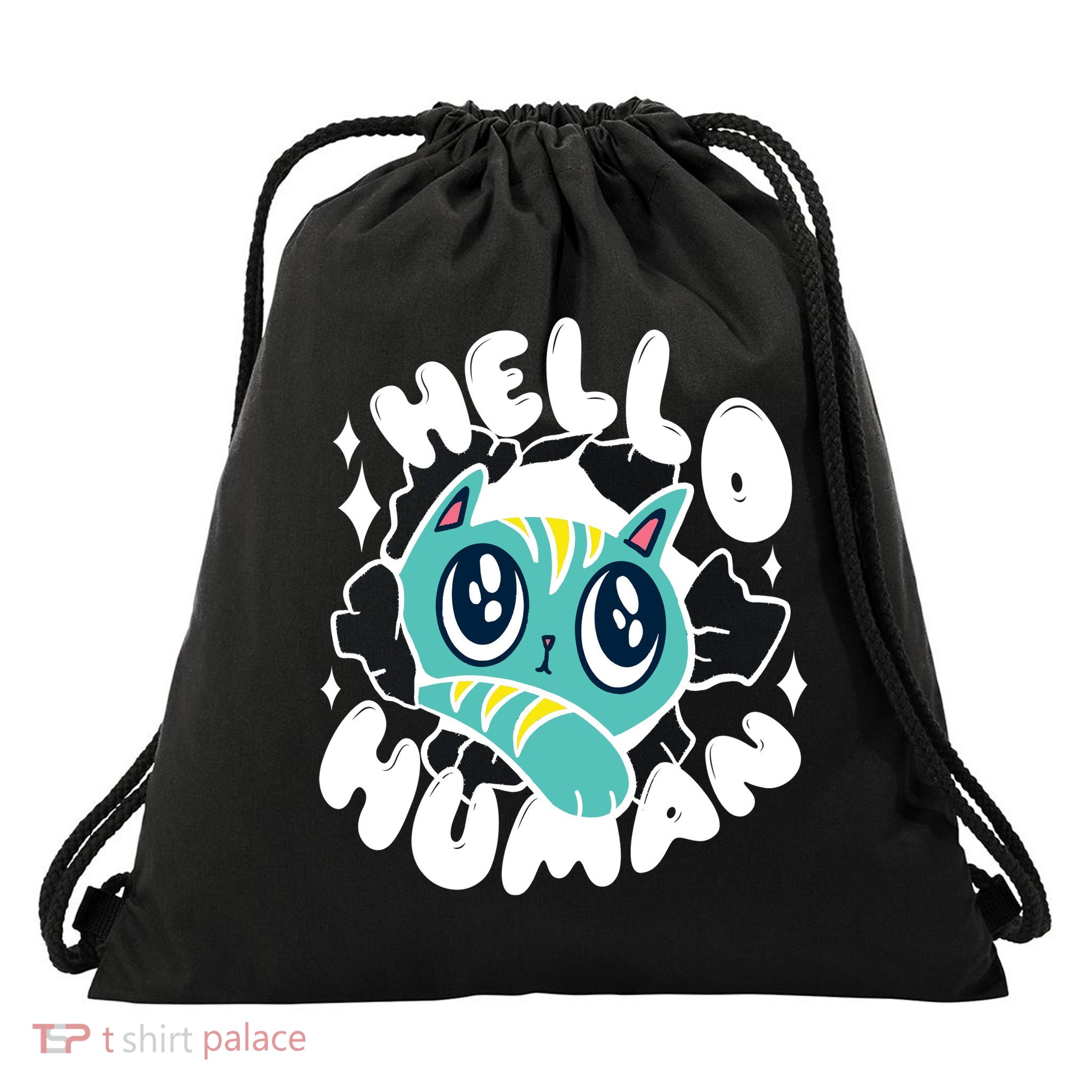 Hello Human Cat Drawstring Bag